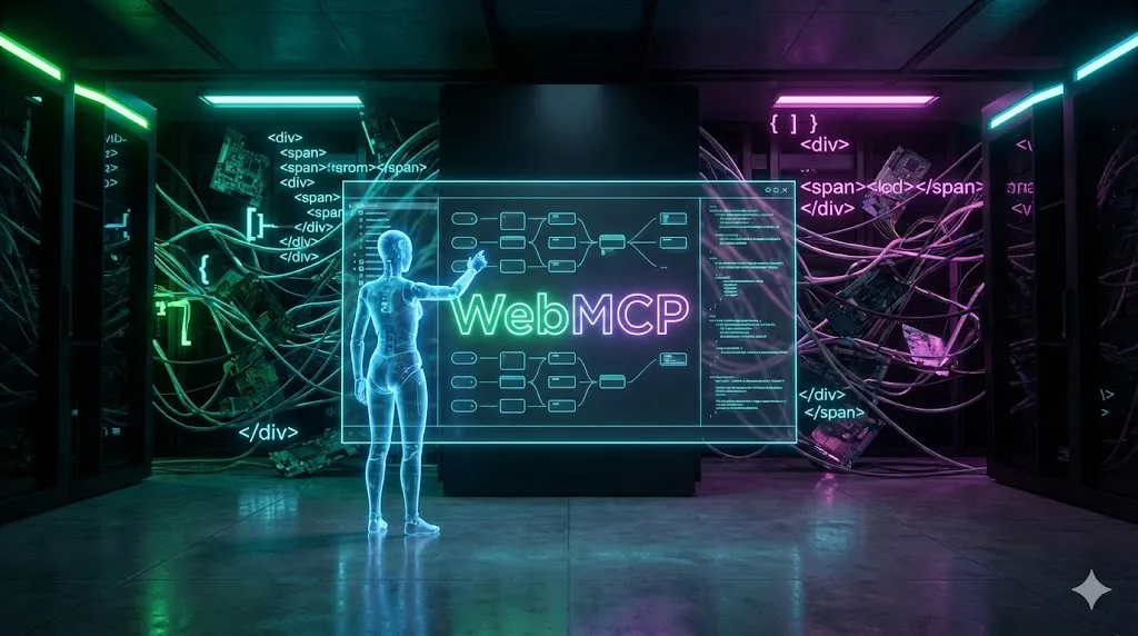 A futuristic holographic AI agent interacting with a structured WebMCP control panel, leaving behind chaotic HTML DOM